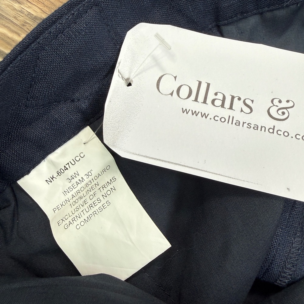 Collars & Co Mens Size 34x30 Amalfi Linen Trouser Navy Side Adjusters Cuffed - Picture 7 of 9